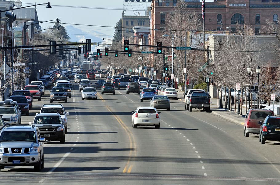 Main Street Bozeman with traffic in Montana, cars, public domain