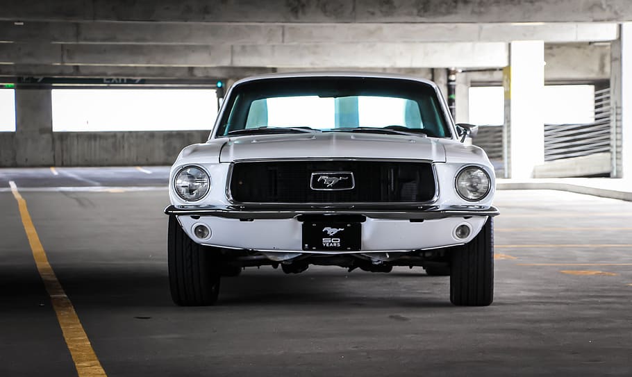 white Ford Mustang car on gray road, white Ford Mustang coupe on road HD wallpaper