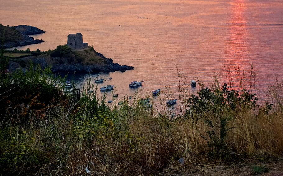 sunset, sea, san nicola arcella, calabria, italy, bay, watchtower, HD wallpaper