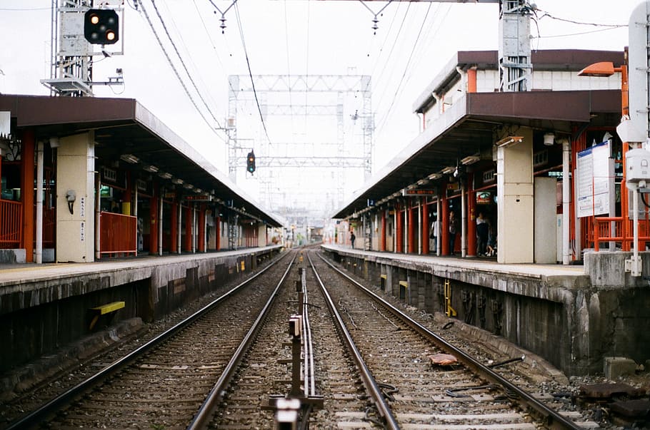 train station cable lines, view of empty train station, Train track HD wallpaper