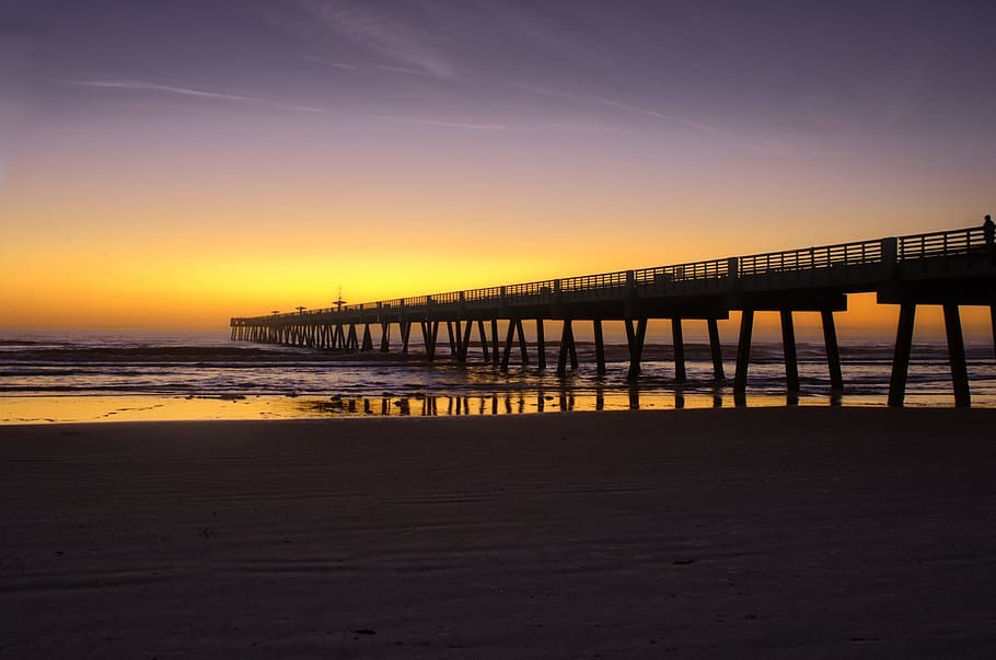 Beach, Pier, Silhouette, Evening, susnet, florida, sunset, bridge - man made structure HD wallpaper