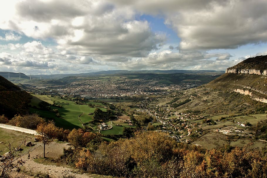 millau, landscape, bridge, valley, cloud - sky, environment HD wallpaper