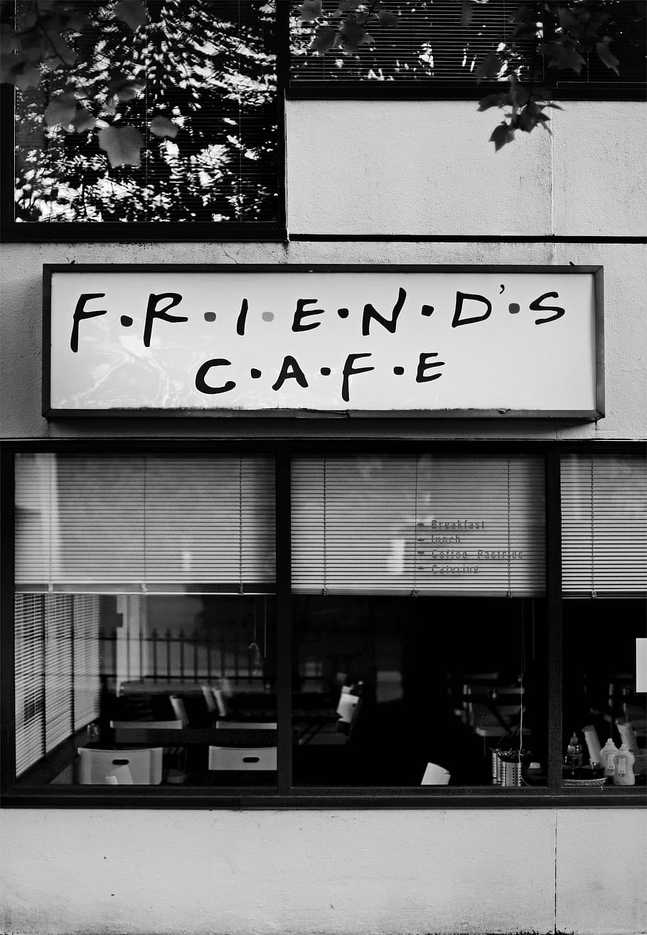 gray scale photo of Friends Cafe store, Friends Cafe, grayscale, HD wallpaper
