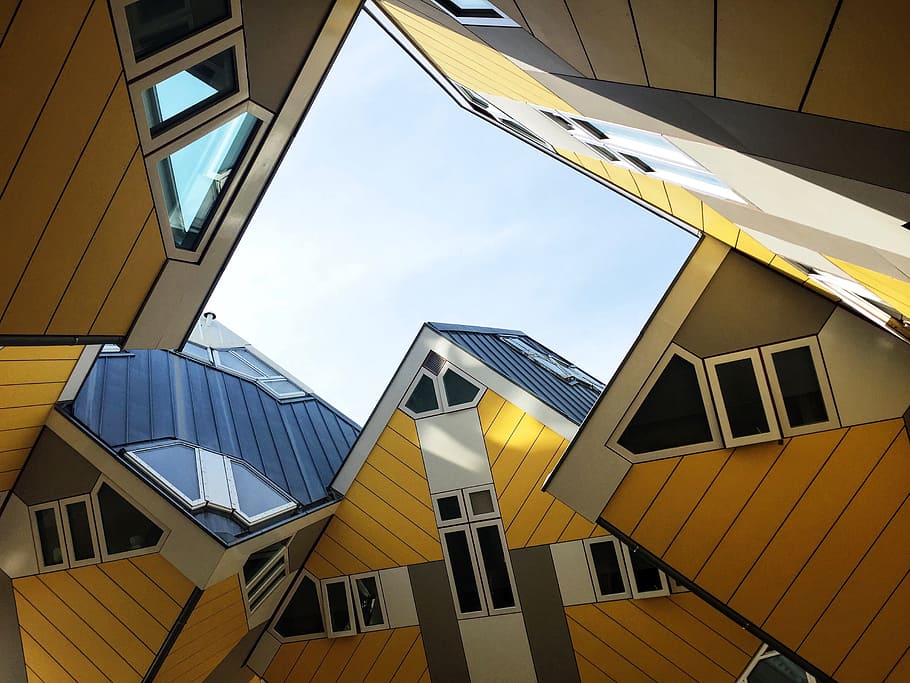 structural building, brown and blue concrete houses, low angle HD wallpaper