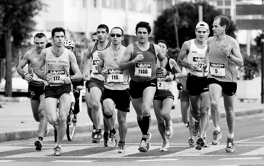 grayscale photo of people performing marathon, grayscale photo of people running on stret