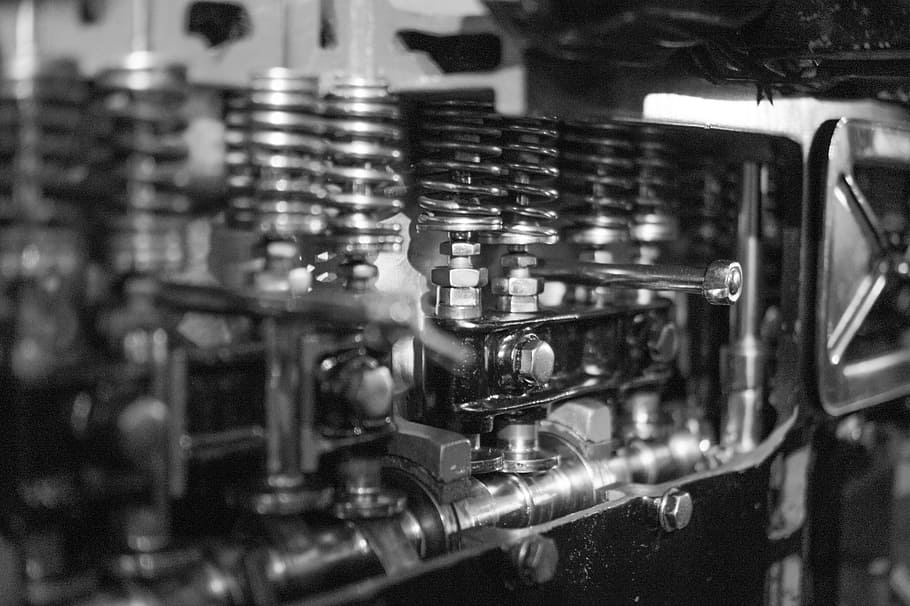 black-and-white, metal, steel, machine, bolts, engine, levers