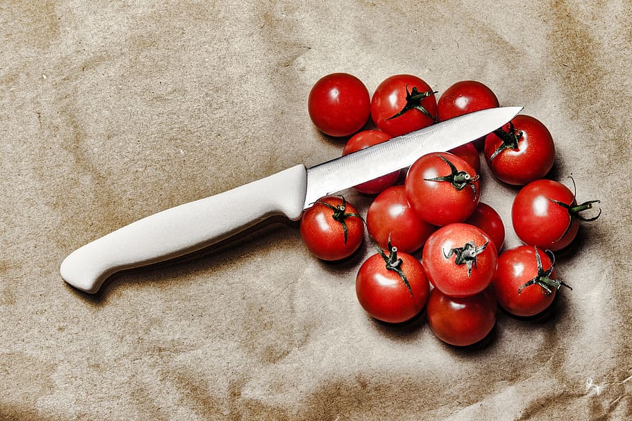 Tomatoes With Knife on Brown Surface, cherry tomatoes, close-up HD wallpaper