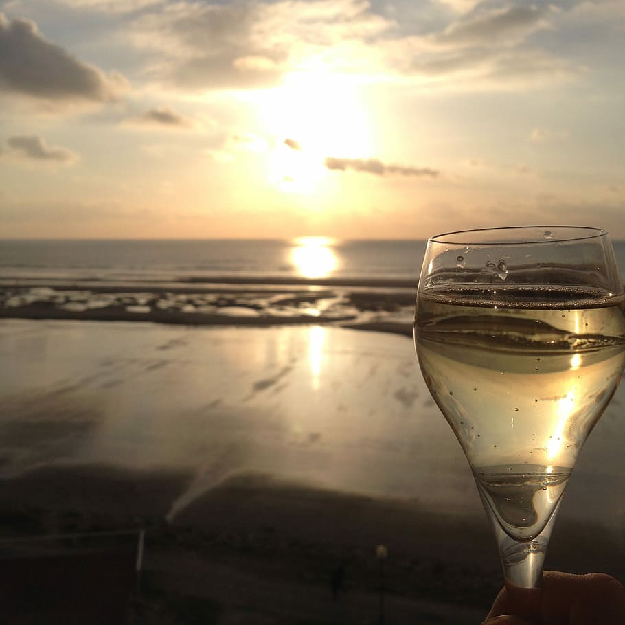 Beach, Champagne, Glass, Sunset, France, horizont, reflection HD wallpaper