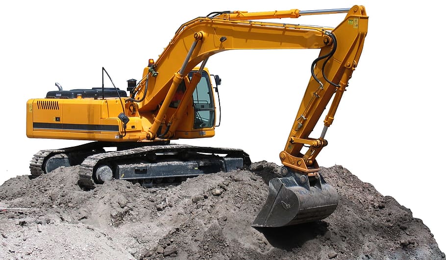 yellow excavator on hump at daytime, heavy machine, excavation