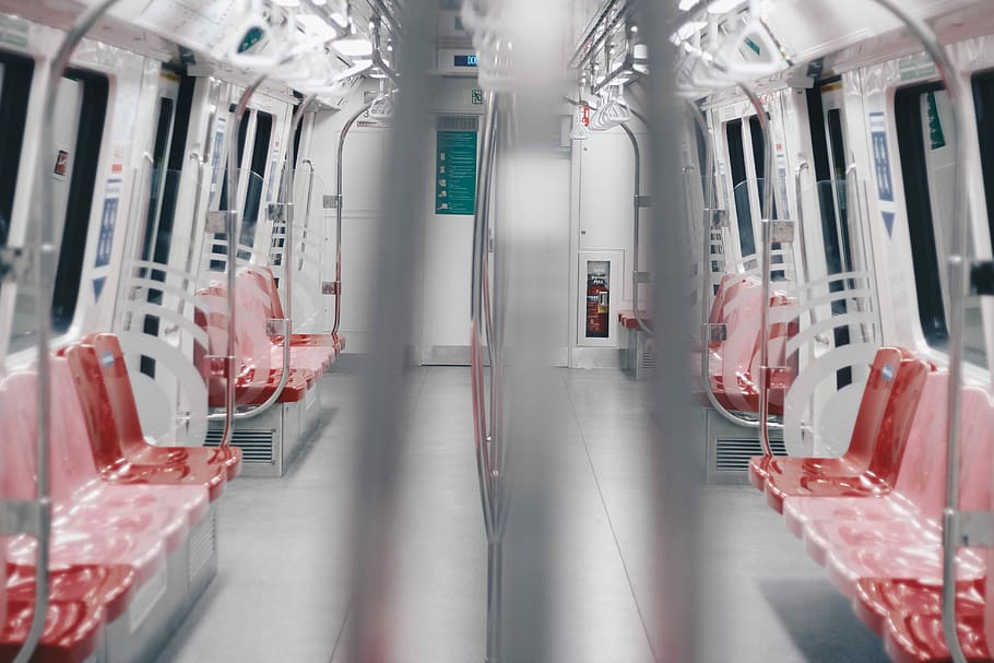 gray and red train interior, train car interior, subway, indoor