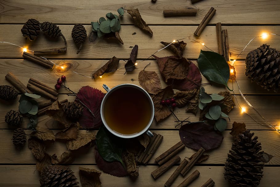 white ceramic mug ner dried leaves and orange string light, brown liquid inside container surround by leaves HD wallpaper