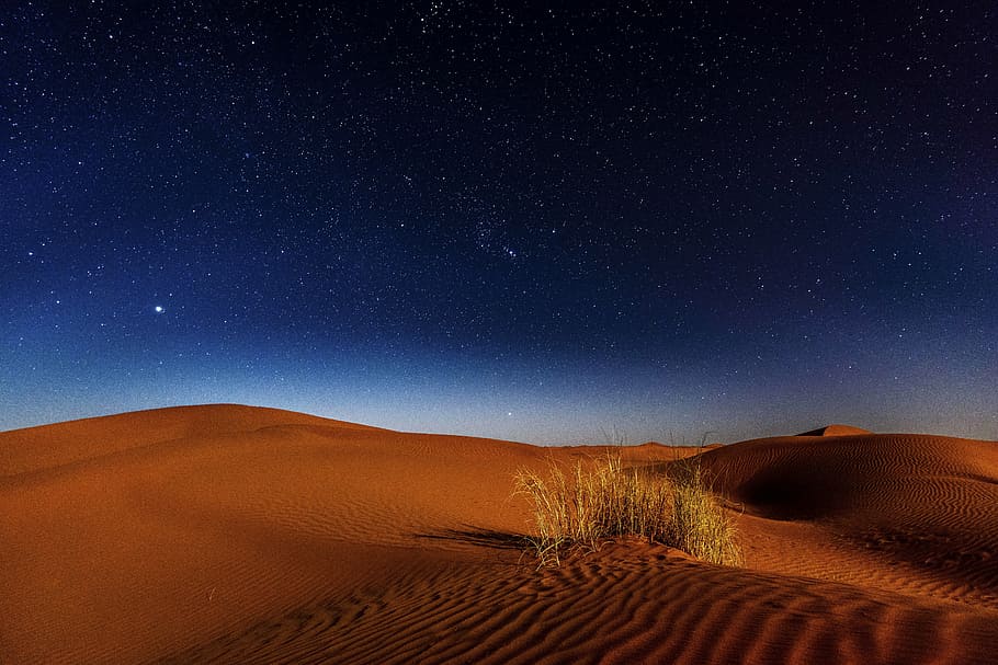 desert land under blue sky, landscape, highland, mountain, stars HD wallpaper