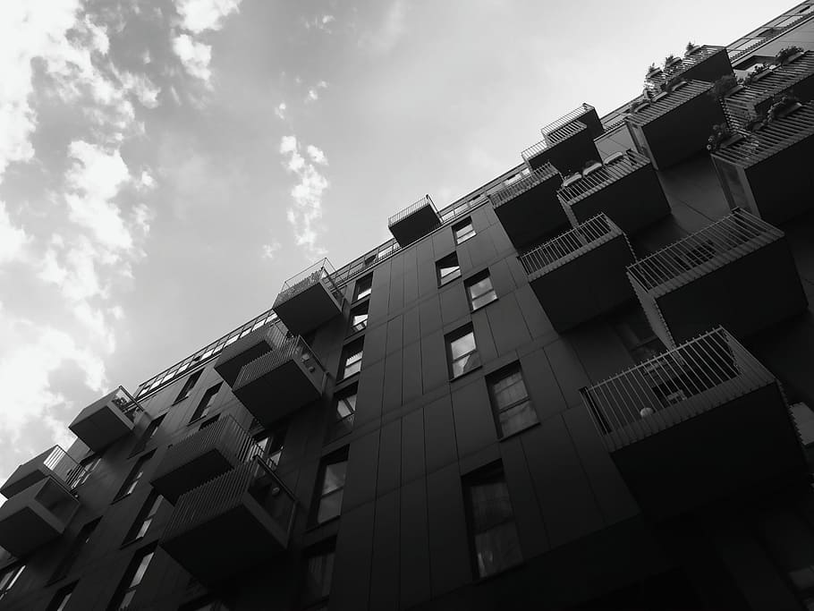 black-and-white, city, sky, clouds, apartment, architecture, balcony