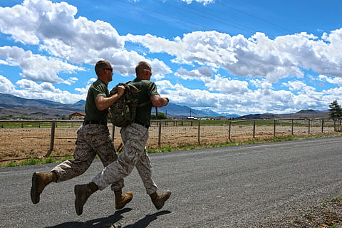 two man running on asphalt road under sunny sky, men, army HD wallpaper