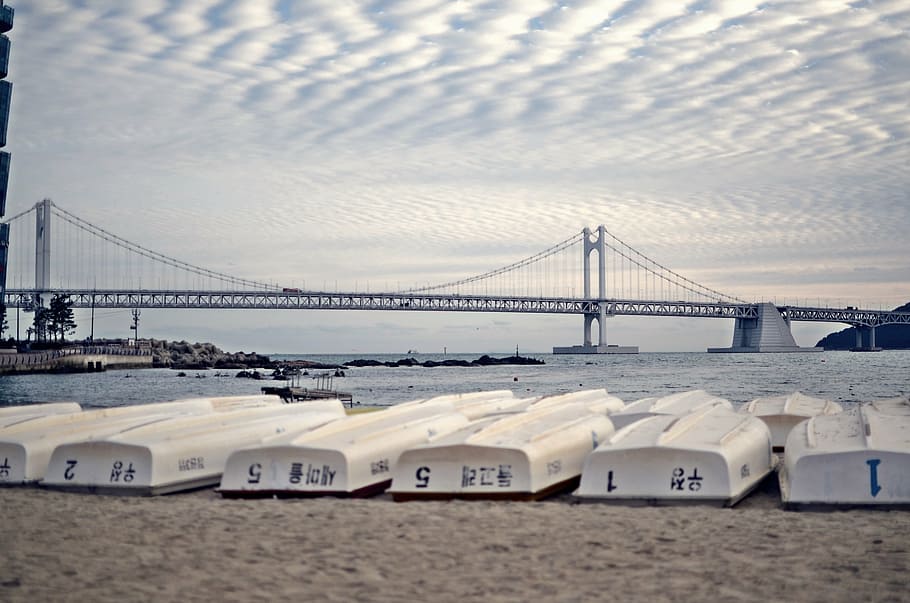 busan, gwangan bridge, diamond bridge, boats, beach, landscape, HD wallpaper