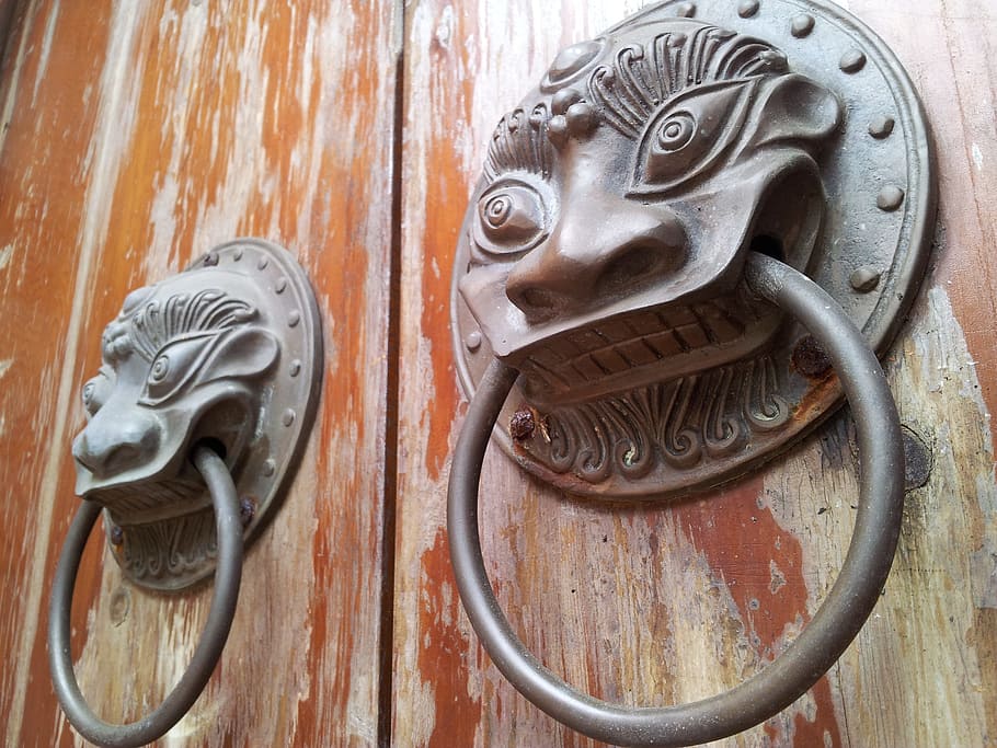 two black metal door knockers, temple, china, door handle, art and craft HD wallpaper