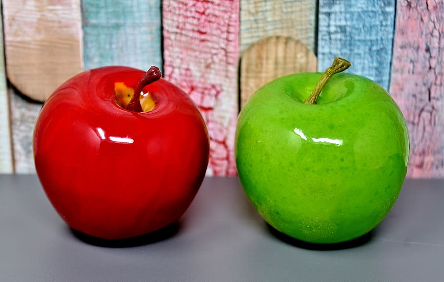 red and green apple fruits, deco, decoration, red apple, food HD wallpaper