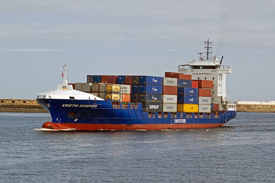 red and red cargo ship on body of water, shipping, containers HD wallpaper