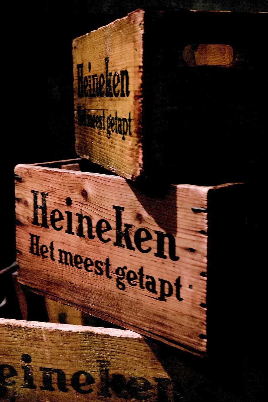 three brown wooden Heineken beer crates, amsterdam, beer box