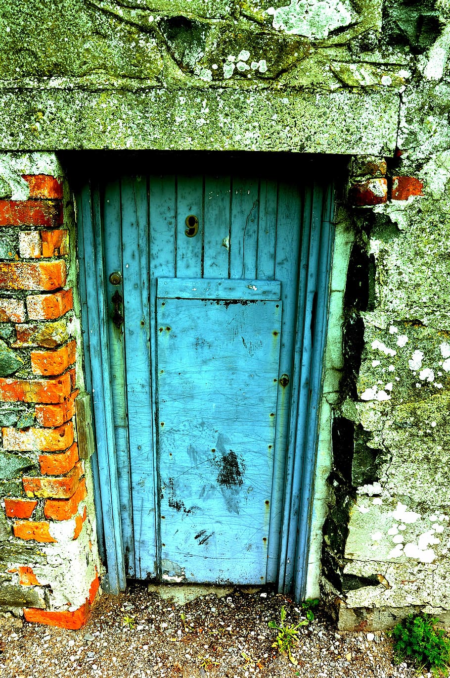 Door, Entrance, Old, Scrap, Wall, blue, brick, wood, home, yard, HD wallpaper