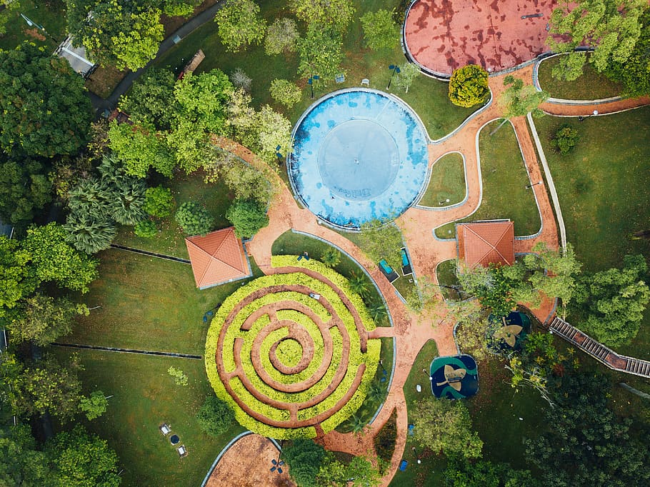 bird's eye view photography of a trees and park, aerial photograph of resort HD wallpaper