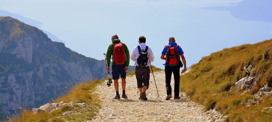 three men hiking on mountain, trail, walk, trekking, excursion, HD wallpaper