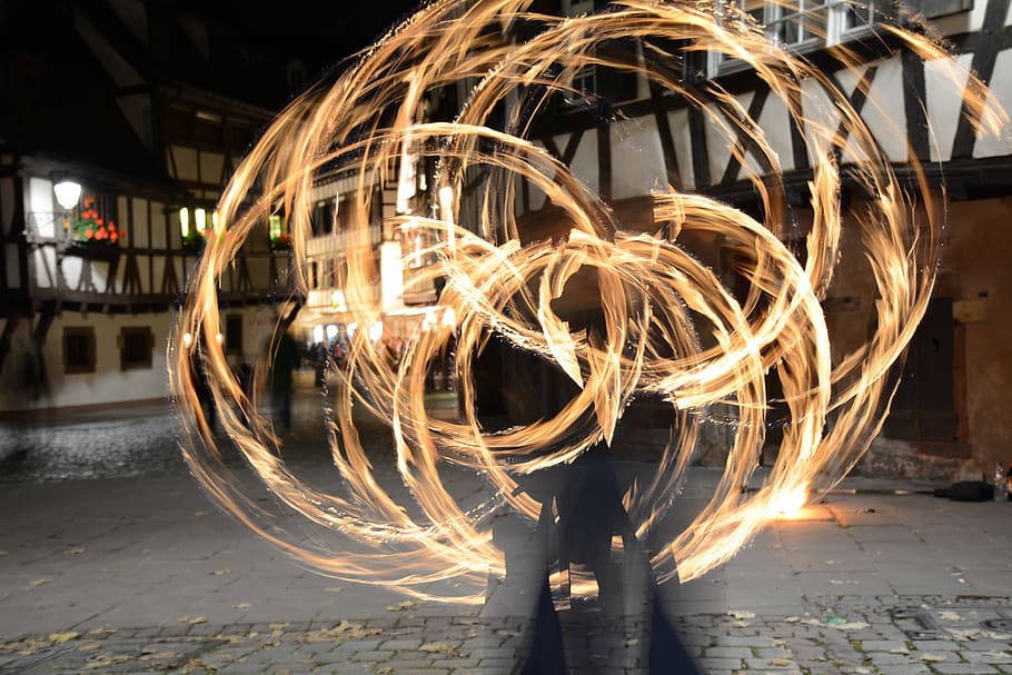 night, bolas, fire, art, street, long exposure, motion, blurred motion HD wallpaper