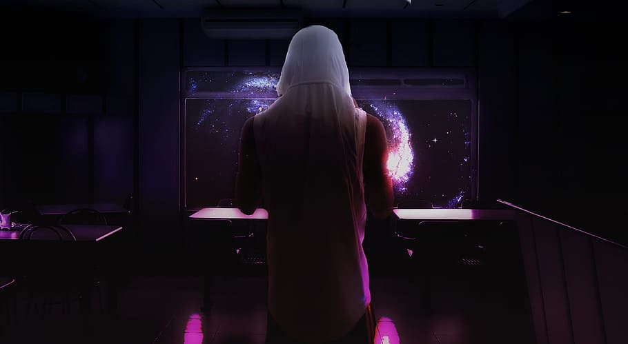 Boy, Hood, Man, Space, Galaxy, Surreal, manipulation, rear view HD wallpaper
