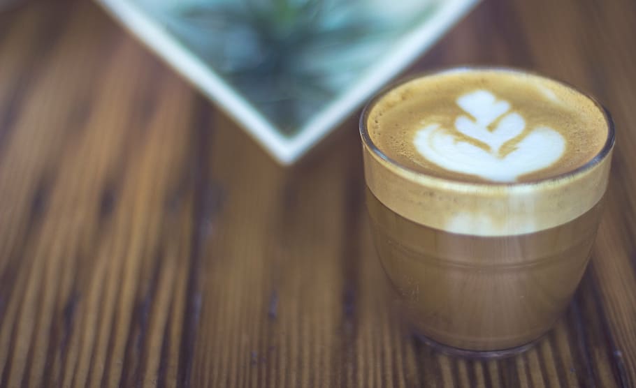 glass container, coffee, cafe, wood, hot, cup, brown, art, shop HD wallpaper