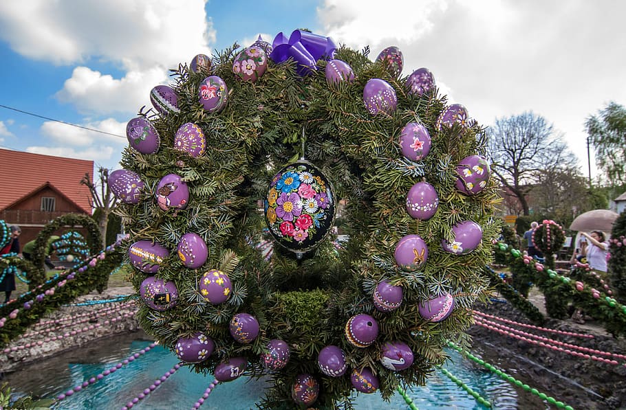 easter well, easter eggs, custom, wreath, tradition, cloud - sky HD wallpaper