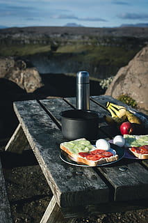 Camping Breakfast Nature Mountains, travel, food, cooking, tomato HD wallpaper