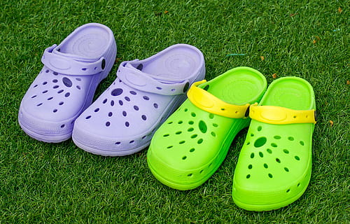 shoes, crocs, sandals, clogs, grass, green color, plant, high angle view HD wallpaper