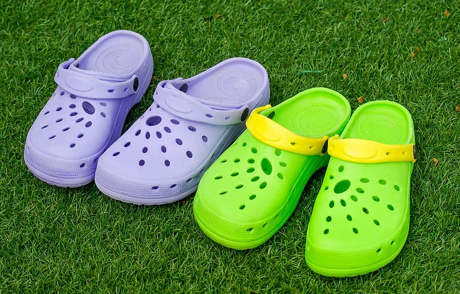 shoes, crocs, sandals, clogs, grass, green color, plant, high angle view, HD wallpaper