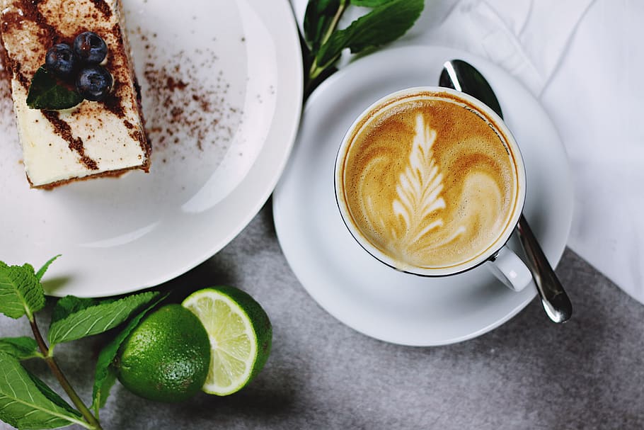 cappucino on white saucer, cake, cappuccino, ceramic, coffee HD wallpaper