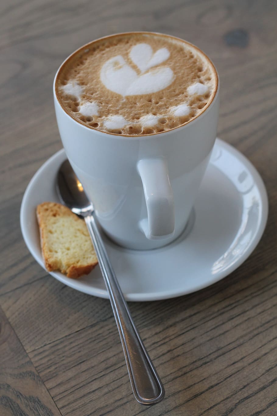 coffee latte on cup with piece of bread, white, spoon, drink HD wallpaper