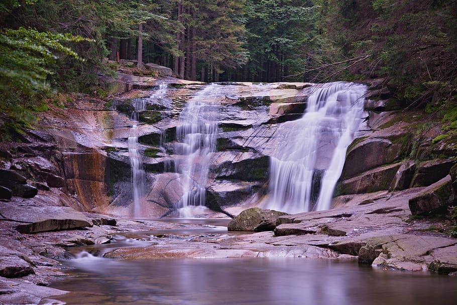 cascade, creek, environment, fall, forest, landscape, motion HD wallpaper