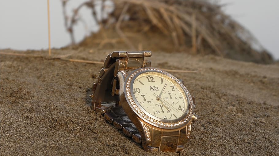watch, sand, time, wrist watch, number, clock, focus on foreground, HD wallpaper