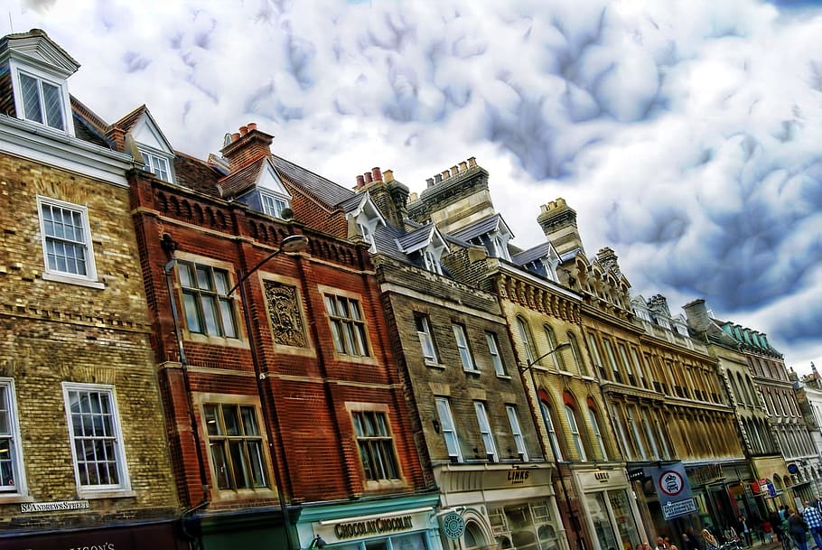 yellow and red concrete buildings, cambridge, structure, architecture HD wallpaper