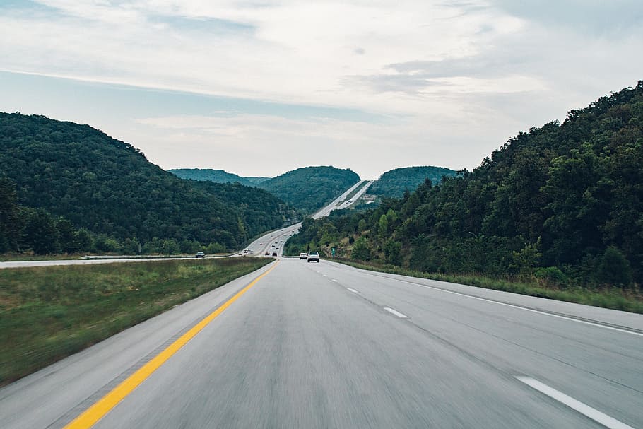 gray concrete road, green, grass, trees, plant, nature, mountain HD wallpaper