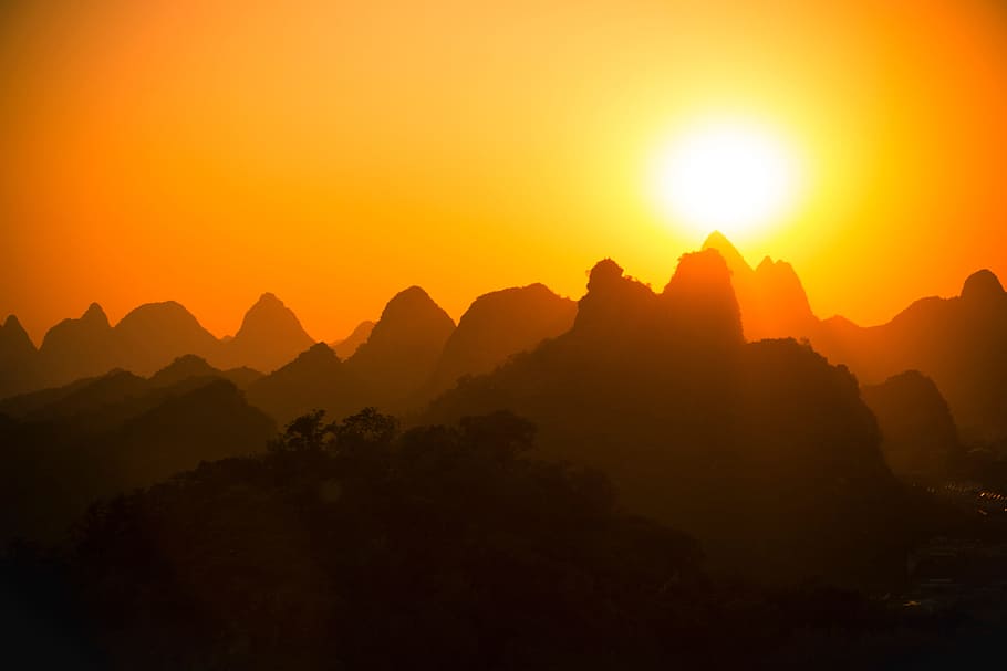 nature, mountain, sunset, silhouette, shadow, climb, travel HD wallpaper