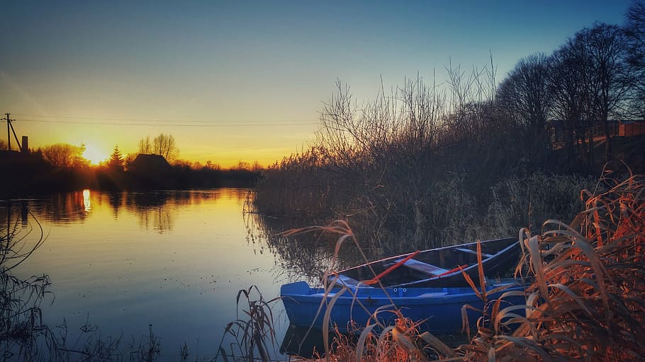 sky, evening, reflection, sunset, sunset sky, twilight, river HD wallpaper
