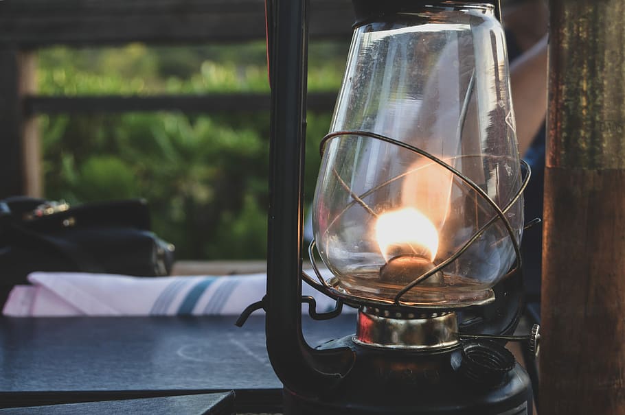 lit-up lantern on table, dinner, oil lamp, flame, light, burning HD wallpaper