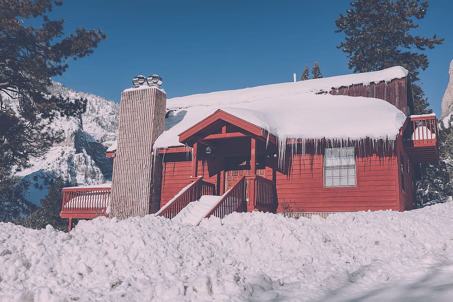 snow capped red building, red 2-storey house surrounded by snow HD wallpaper