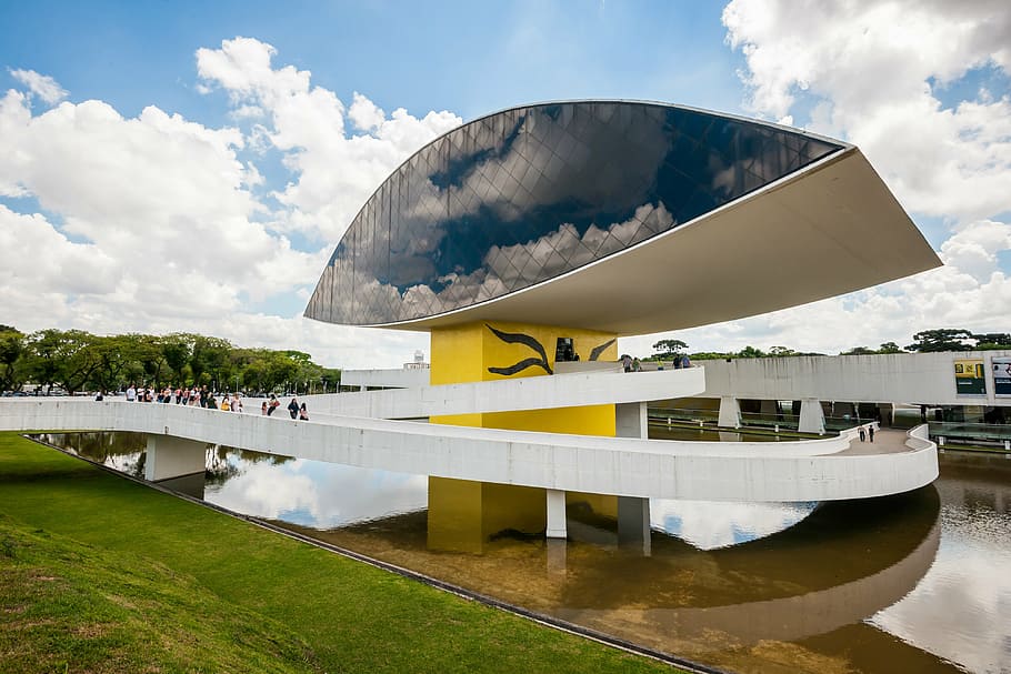 black and white museum under blue sky and white clouds, curitiba, HD wallpaper