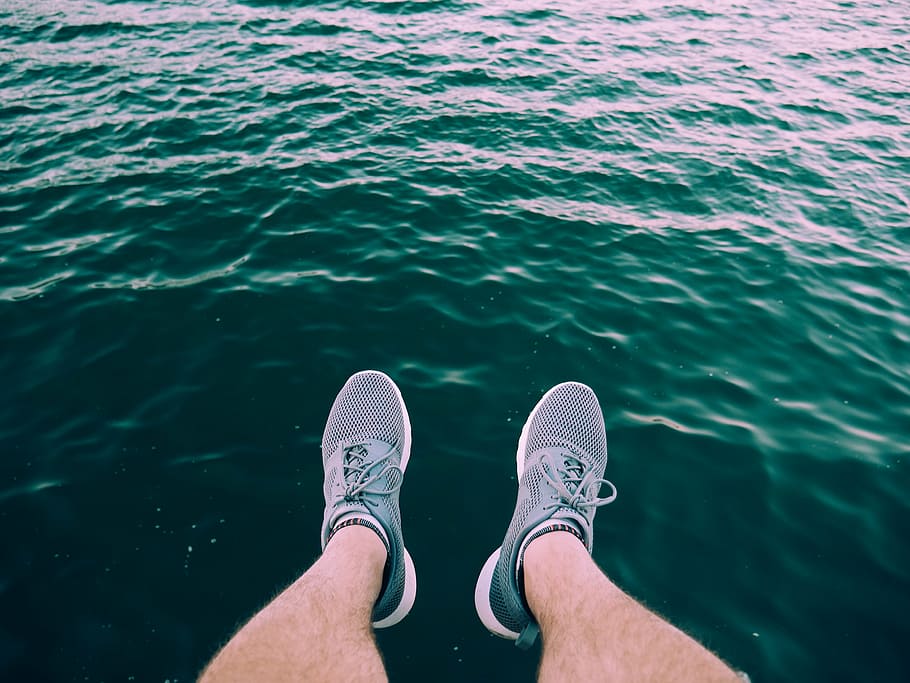 person wearing gray low-top shoes, sea, ocean, water, wave, nature