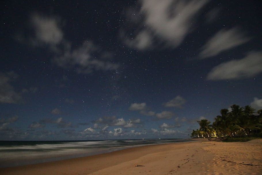 stars, sky, clouds, nture, green, plant, trees, sea, water HD wallpaper