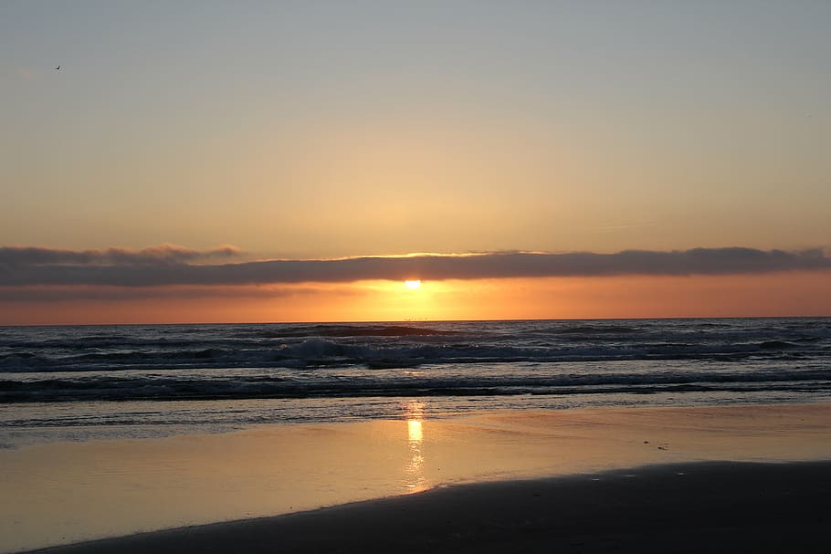 sunset, ocean, coast, sky, water, sea, orange, calm, dusk, waves HD wallpaper