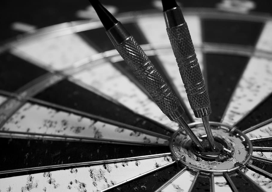 grayscale photo of dart pins, board, game, black and white, target