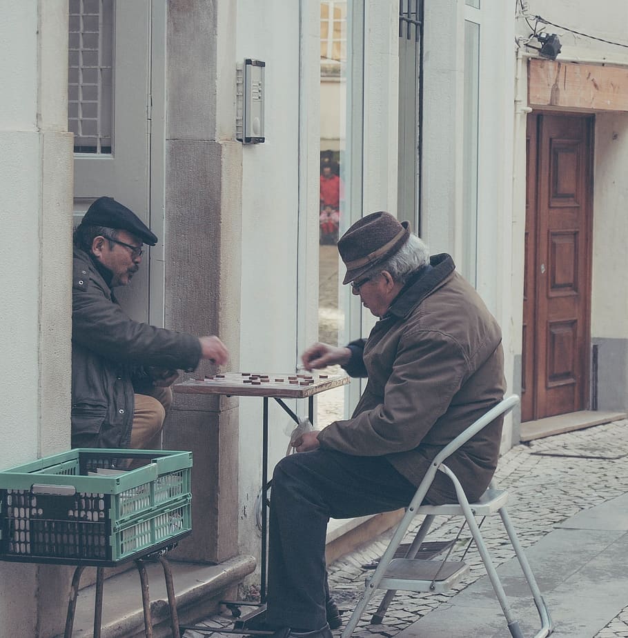 house, door, window, table, chair, people, men, playing, chess HD wallpaper