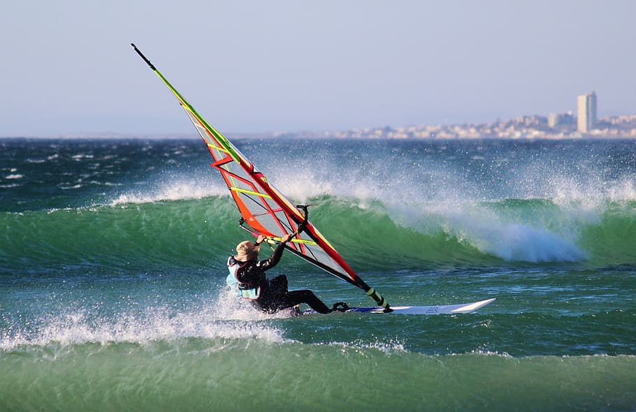 man doing windsurfing trick on body of water, surfer, surfboard HD wallpaper